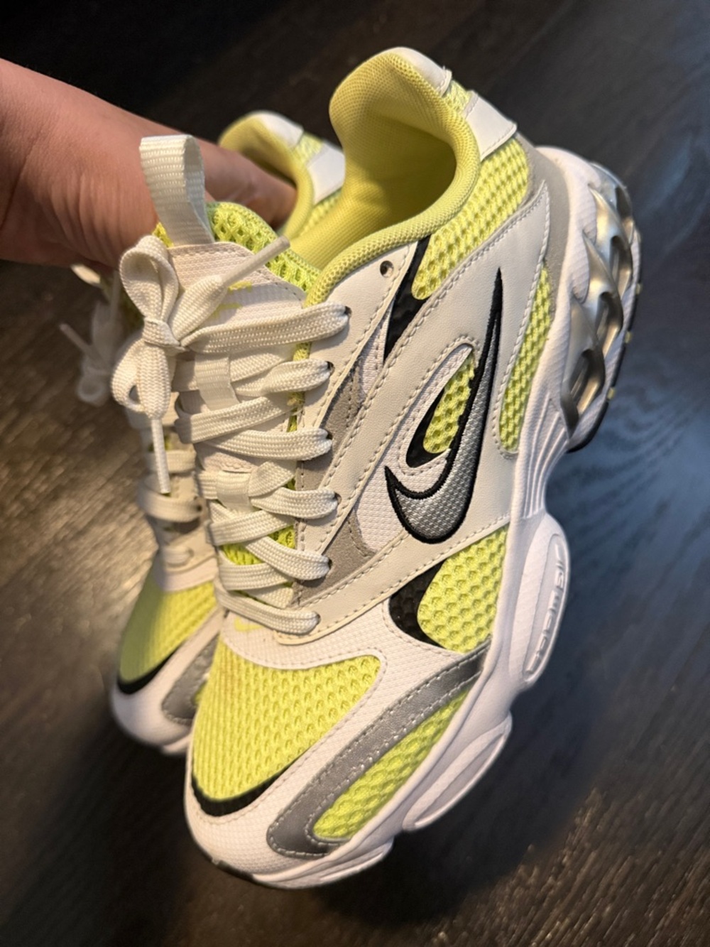 Nike White and Neon Yellow Mesh Athletic Sneakers